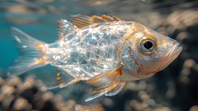  A detailed image of a fish swimming underwater, surrounded by small bubbles while a soft, hazy background is visible