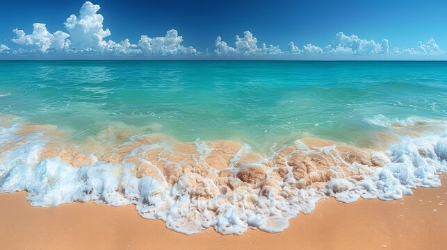  A serene image of an ocean with waves gently crashing on the shore while a clear blue sky reigns above