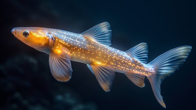  A photo of a fish in water, illuminated by a side light against a dark backdrop
