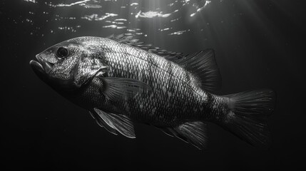  A B/W photo shows a fish in water under a shining backlight - obrazy, fototapety, plakaty