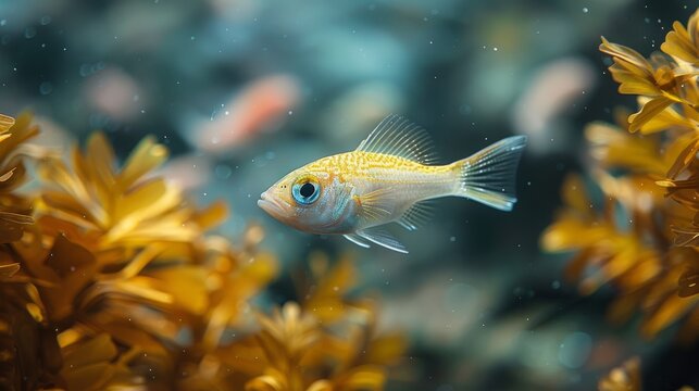  A focused image of a fish in an aquarium surrounded by green plants and a deep blue backdrop
