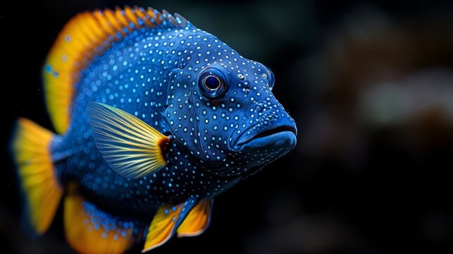  A close-up image of a blue and yellow fish with spots on its body against a black background