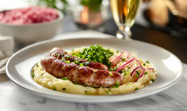 tasty and spicy grilled sausages, bangers and mash on a festive table