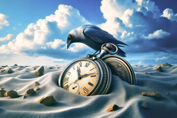 Vintage pocket watch and hour glass or sand timer, symbols of time. Pocket metal watch half-buried in sand with a raven sitting on the iron lid against a blue sky background