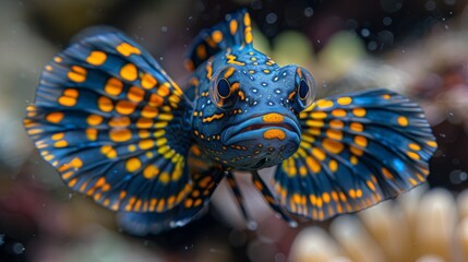   a blue-yellow fish, adorned with orange dots and surrounded by vibrant coral