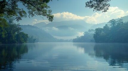  A serene lake nestled amidst tall green foliage and framed by majestic mountains, capped with fluffy white clouds above