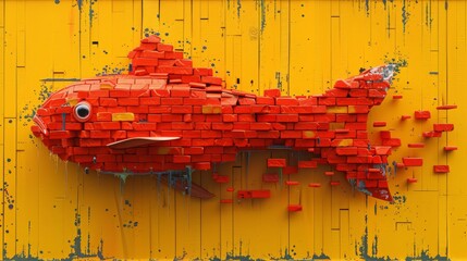  A brick fish in a yellow room, covered in paint splatters