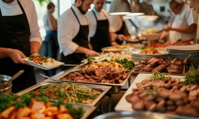 People hands on catering buffet food with grilled meat and fresh vegetables. Hands picking a delicious food - obrazy, fototapety, plakaty