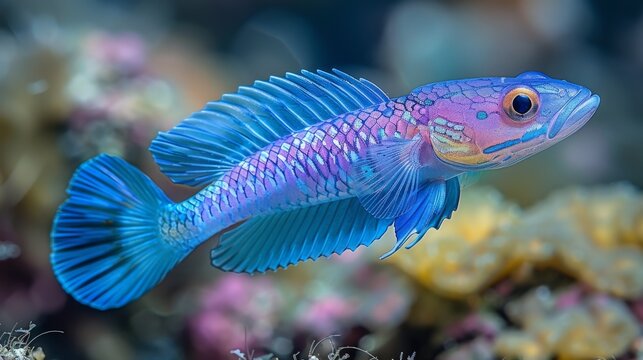  A detailed photo of a vibrant blue and purple fish surrounded by diverse coral, flora, and marine life