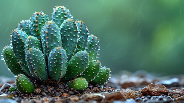  A clear photo of a cactus in a dusty field during rainfall, with a soft focus background