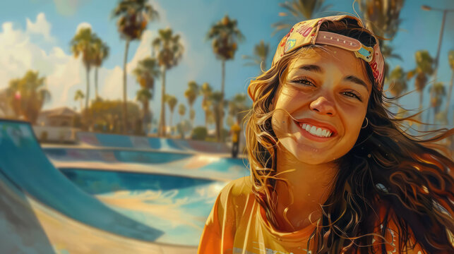 Portrait Of Happy Smiling Woman Skater In A Skatepark