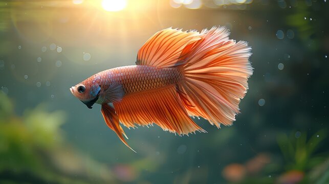  A close-up photo of a goldfish swimming in an aquarium, illuminated by sunlight reflecting off the water and surrounding plants