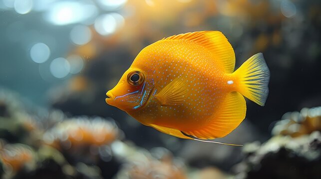  A close-up image of a yellow fish in an aquarium with rocks, water, and sunlight