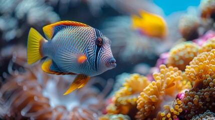 Fototapeta na wymiar A close-up image of a blue and yellow fish swimming amidst colorful corals