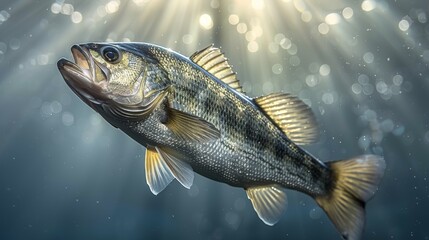  A large fish floating in water with sunlight illuminating its sides - obrazy, fototapety, plakaty