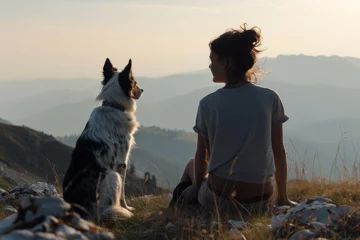 Fotobehang woman and dog sit on the mountainside and look into the distance © SERGEY
