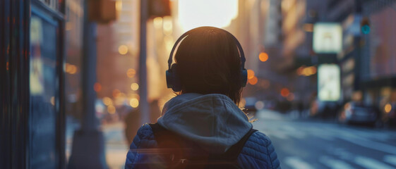 Person in the city at dusk, immersed in music with headphones on.