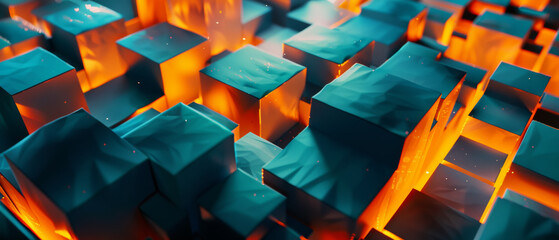 Abstract 3D cubes glowing with warmth in a patterned array.