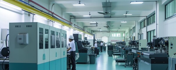 Workers are operating injection molding in automated faactory. Pipes for plastic injection machines. banner.