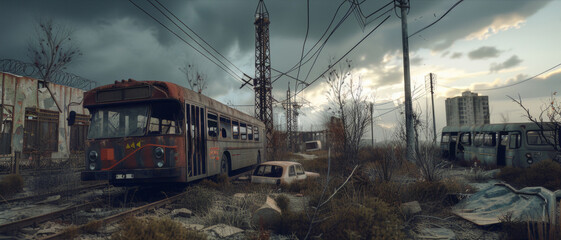 Moody post-apocalyptic scene with a derelict tram and overgrown tracks.