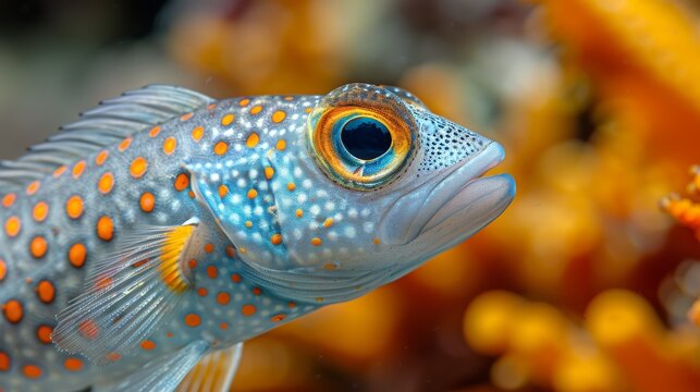  A macroscopic image of a fish exhibiting orange spots on its body and head, with a blue body