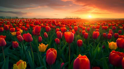Fotobehang A vibrant field of tulips stretching to the horizon © Muhammad