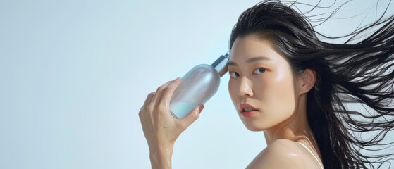 A striking beauty routine framed by flowing tresses and a bottle's cool embrace against the skin.
