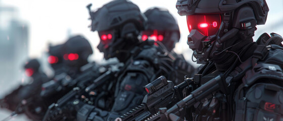 Futuristic soldiers with glowing red visors lined up in a show of intimidating strength. - obrazy, fototapety, plakaty