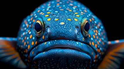  A detailed image of a blue fish displaying yellow and orange spots on its face against a dark background