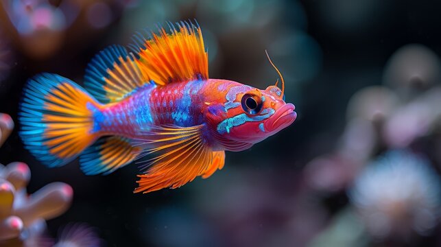  A photo of a vividly hued fish, surrounded by vibrant coral backdrop and transparent water in the front