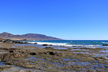 Fototapeta na wymiar peninsula Jandia at Fuerteventura and the sea near Puerto de la Cruz village at Canary Islands