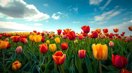 Wandcirkels aluminium A vibrant field of tulips stretching to the horizon © Muhammad