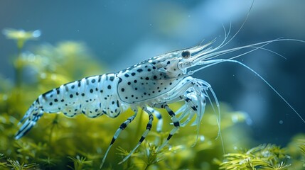  A macro shot of a shrimp perched on foliage, dotted with dew, against a azure backdrop