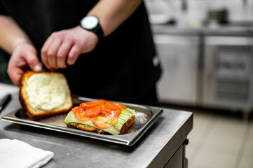 A person prepares a delicious sandwich with fresh vegetables in a modern kitchen. The vibrant...
