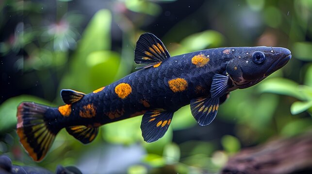  A close-up image of a fish with orange spots and a green background plant