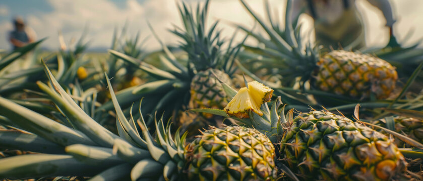 Ripe pineapples growing in the warm sunlight with a pineapple farmer blurred in the background.