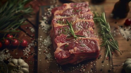 Delicious crude meat on table with flavors close up