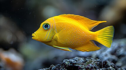  A yellow fish on a rock in an aquarium, surrounded by rocks and water