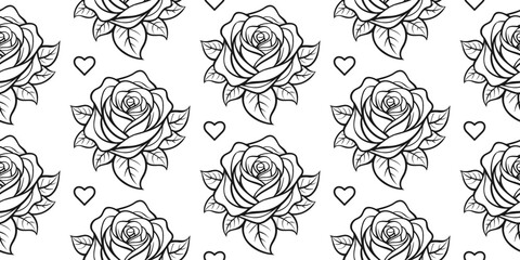 Seamless pattern with hand drawn black roses on white background. Seamless pattern with flowers. Vector illustration.