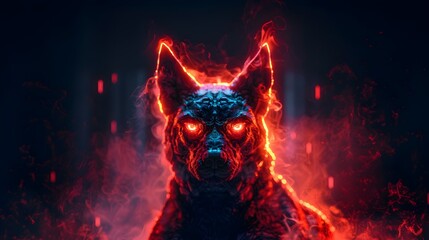 Majestic Fiery Wolf Emerging from Darkness with Glowing Red Eyes and Intense Aura