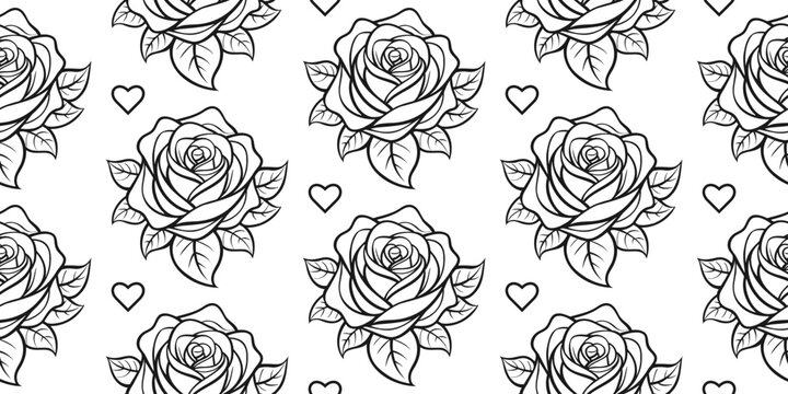 Seamless pattern with hand drawn black roses on white background.  Seamless pattern with flowers. Vector illustration.