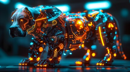 Powerful Robotic Canine in a Vibrant Neon Cyberpunk Landscape Showcases the Beauty of Advanced Machinery and Illumination