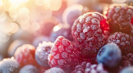  A close-up photo of a cluster of raspberries, with droplets of water visible on both the upper and lower surfaces of the berries - obrazy, fototapety, plakaty