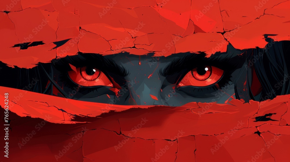 Sticker  A person's face peeks out from a cracked red-painted wall in a close-up image