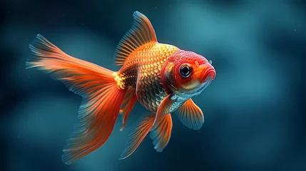 Fotobehang  A goldfish swimming in an aquarium, with dark blue water and a blue sky background © Jevjenijs