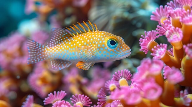  A close-up photograph of a fish on coral, surrounded by additional coral formations in the background