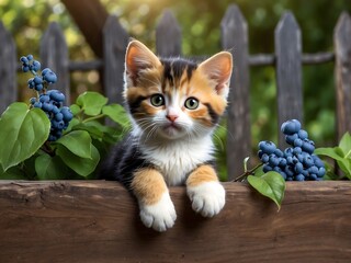 Calico kitten with blue and pink flowers on a wooden fence.Generative AI