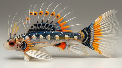  A fish with orange, white, and blue scales on its body and a black body with orange, white, and blue stripes on its tail