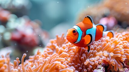 Naklejka na ściany i meble Orange and blue clownfish on top of white sea anemone in aquarium