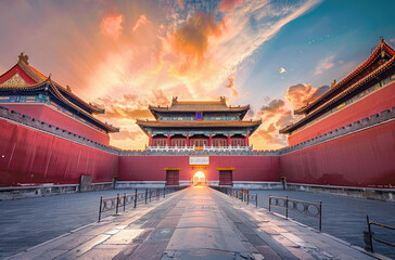 The majestic Forbidden City stands tall against the backdrop of an orange sunset sky, with its red...